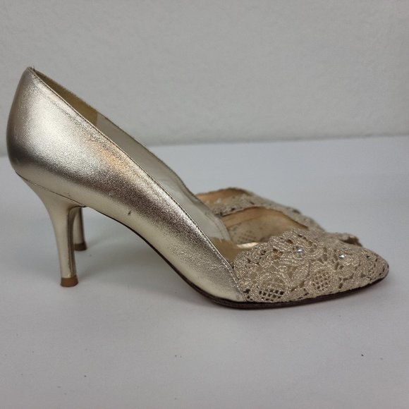 Stuart Weitzman Vintage Gold Lace Peep Toe Leather Sole Heel Made in Spain - Picture 3 of 11